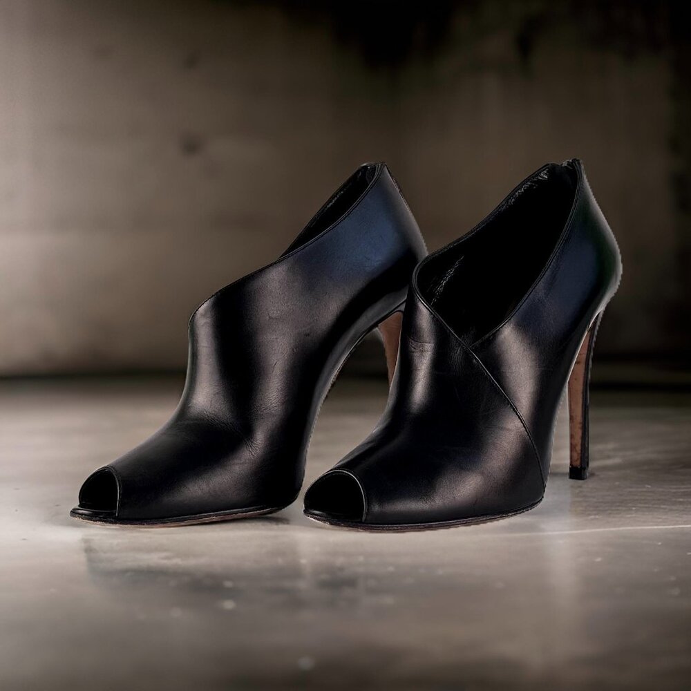 Prada Black Leather Peep-Toe Ankle Booties
